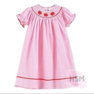 ❤️🔥Smocked Striped Apple Bishop Embroidery Red Dress 1522